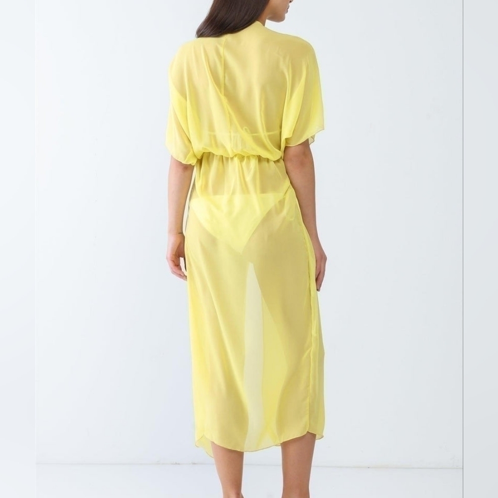Sheer Yellow Kimono Wrap‎ Dress | Flowy & Flirty Cover-Up - Picture 4 of 5